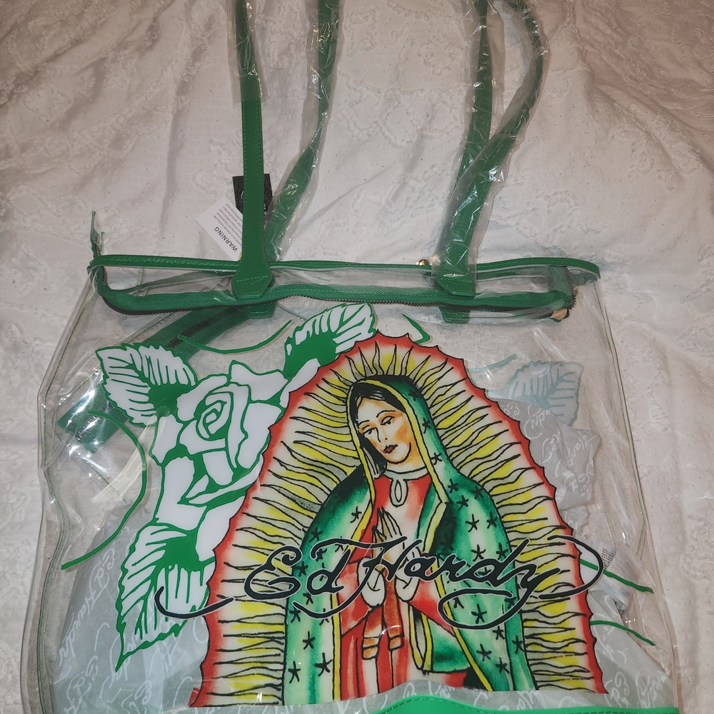 Ed Hardy Green and Clear Graphic Tote Bag